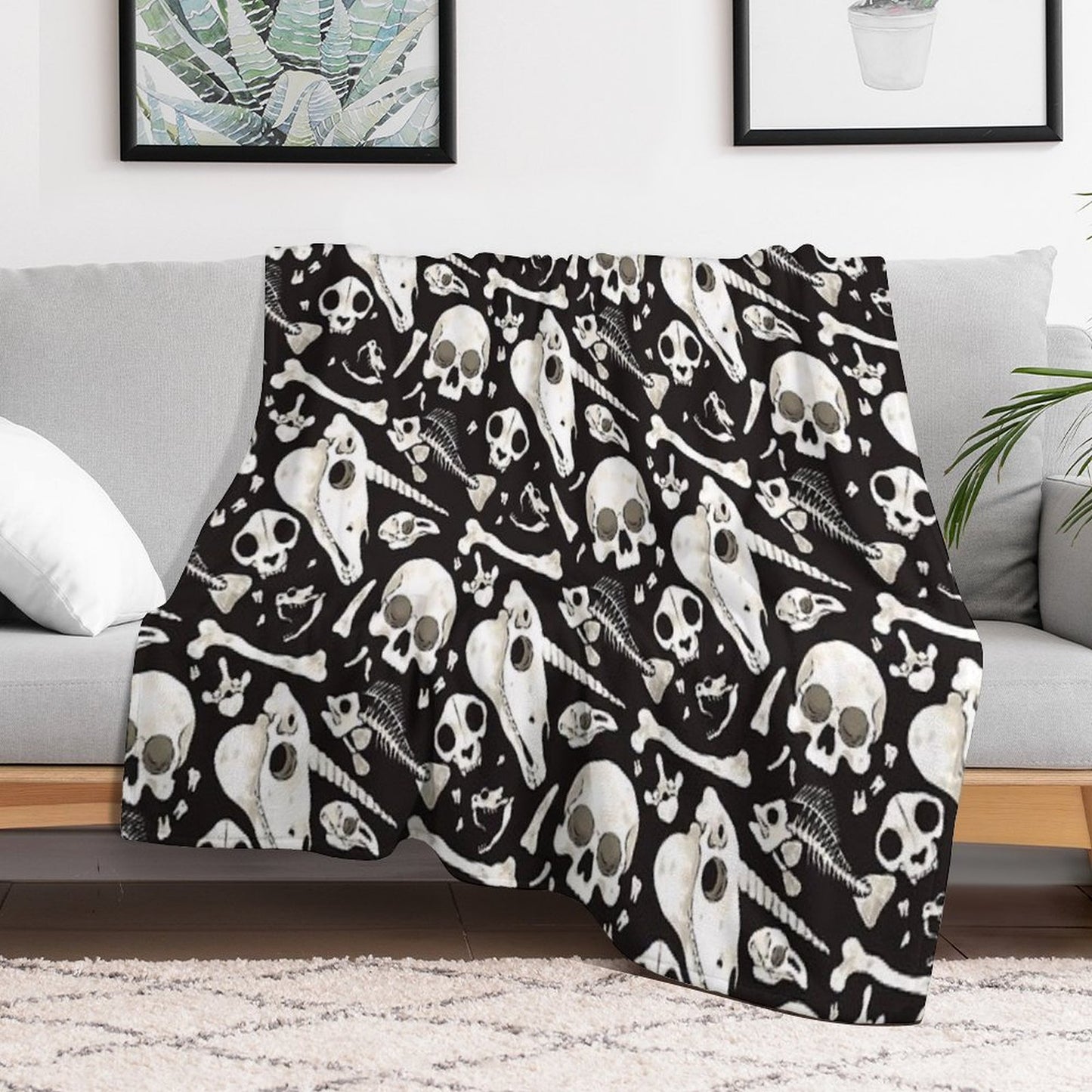 Black Skulls And Bones - Wunderkammer Throw Blanket
