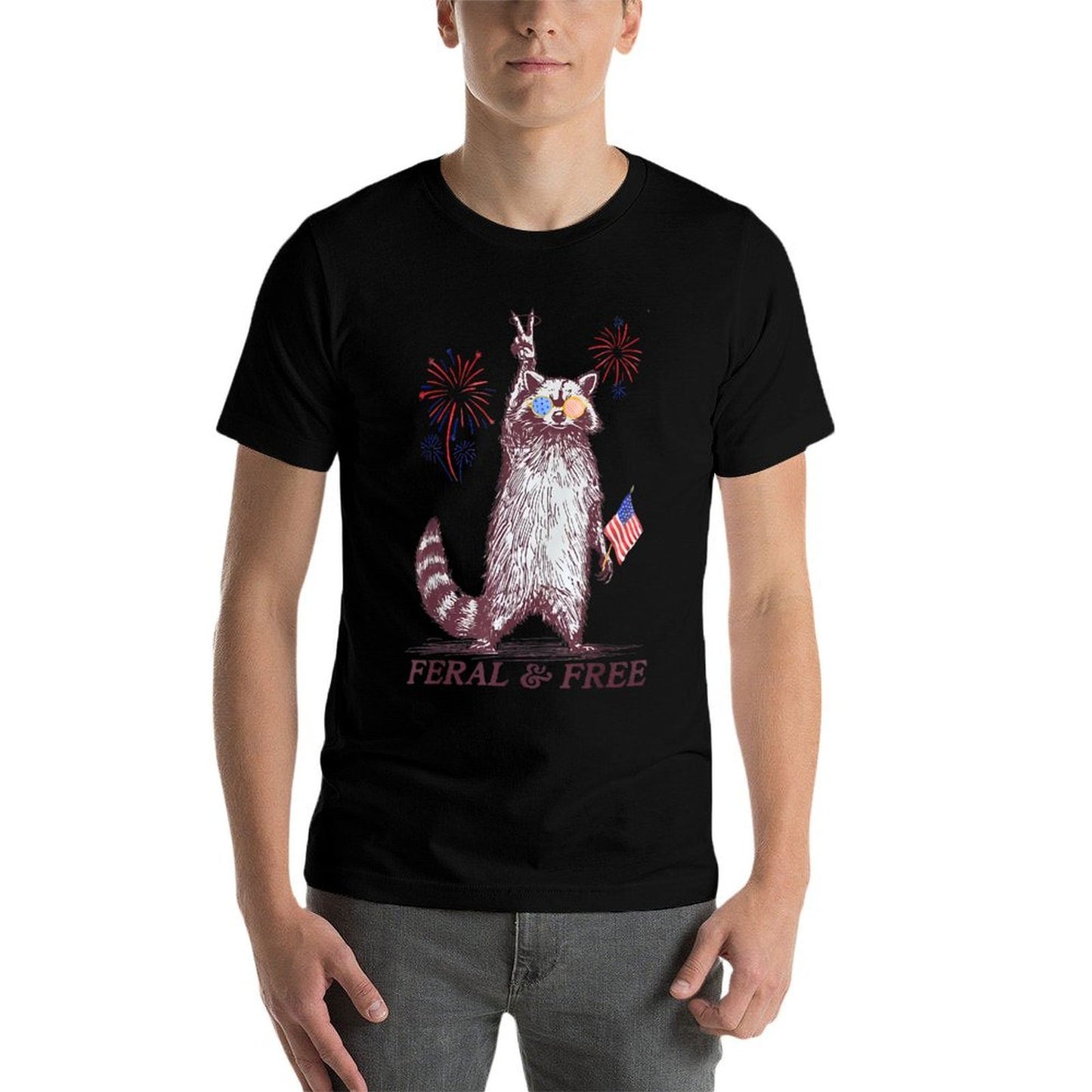 Feral & Free Funny Patriotic Racoon Feral And Free 4th July  Eco-friendly Material T-Shirt
