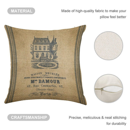 Vintage Burlap French House Design Linen Throw Pillow Cover