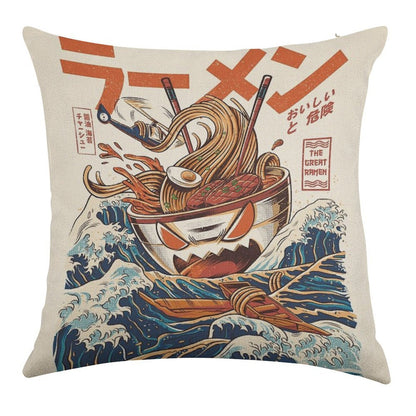 The Great Ramen Off Kanagawa Linen Throw Pillow Cover