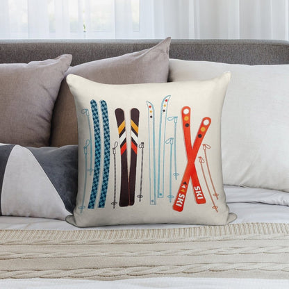 Colorful Retro Ski Illustration Soft Reinforced Edging Throw Pillow