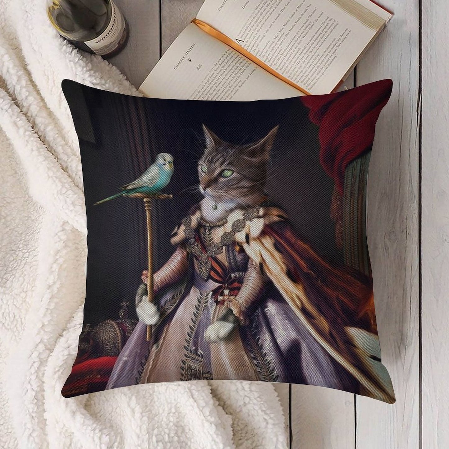 Cat And Budgie Portrait -  Big Cat And Cyril Linen Throw Pillow Cover