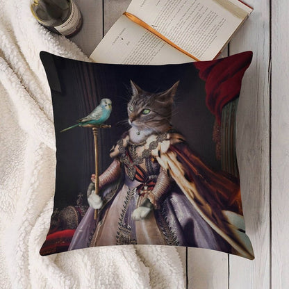 Cat And Budgie Portrait -  Big Cat And Cyril Linen Throw Pillow Cover