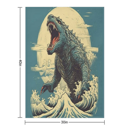 Vintage Japanese Godzilla Great Wave Throw Blanket
