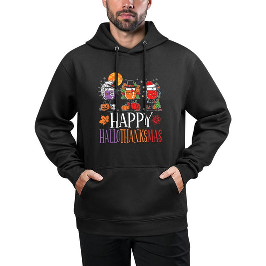 Happy Hallothanksmas Halloween Thanksgiving Christmas Wine Kangaroo Pocket Hoodie
