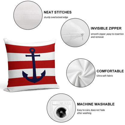 Nautical Navy Blue Anchor On Red Stripes Soft Decorative Cover Throw Pillow