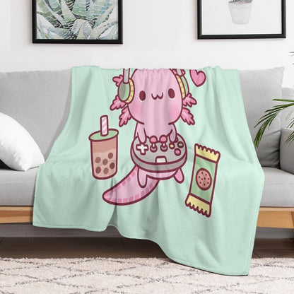 Cute Axolotl Loves Playing Video Games Funny Throw Blanket