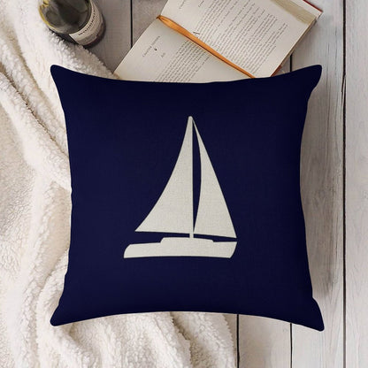 Sailboat Silhouette On Navy Blue Linen Throw Pillow Cover