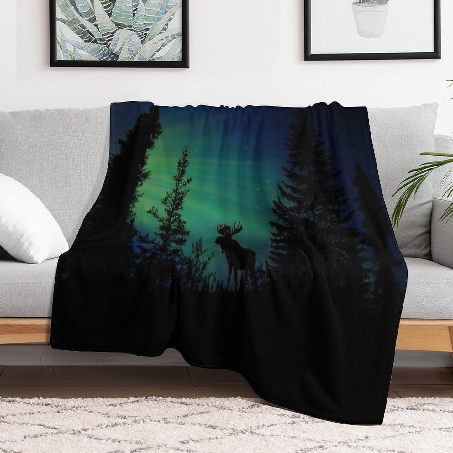 Moose with Northern Lights Throw Blanket