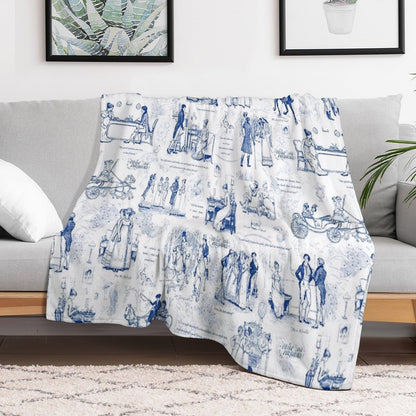 Pride And Prejudice Blue Toile Illustrations Quotes Pattern Throw Blanket