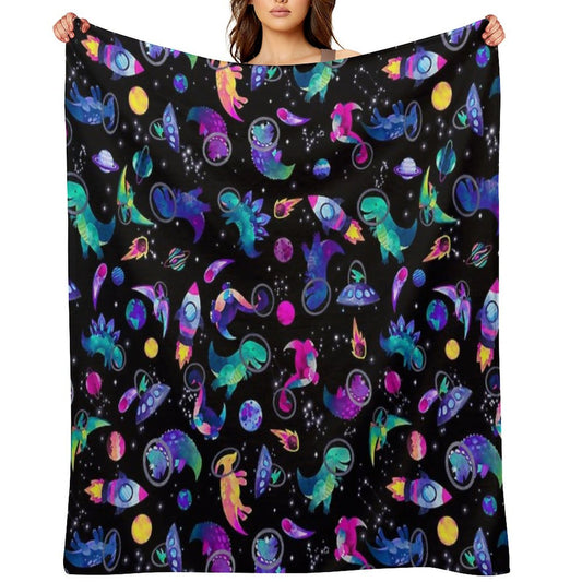 Space Dinosaur Astronauts Watercolor Pink Purple Pattern Throw Blanket