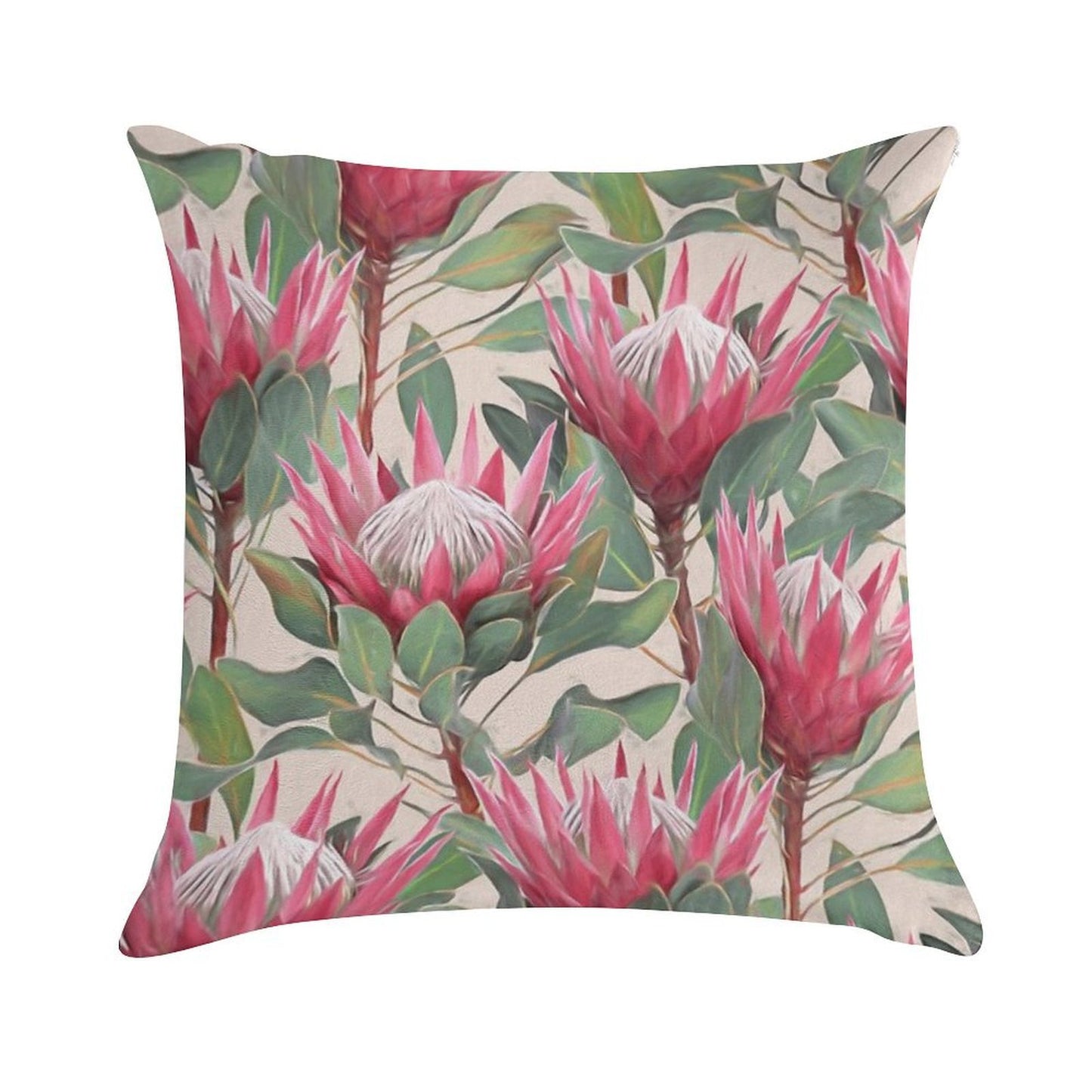 Painted King Proteas on Cream Soft Shrink-Resistant Throw Pillow