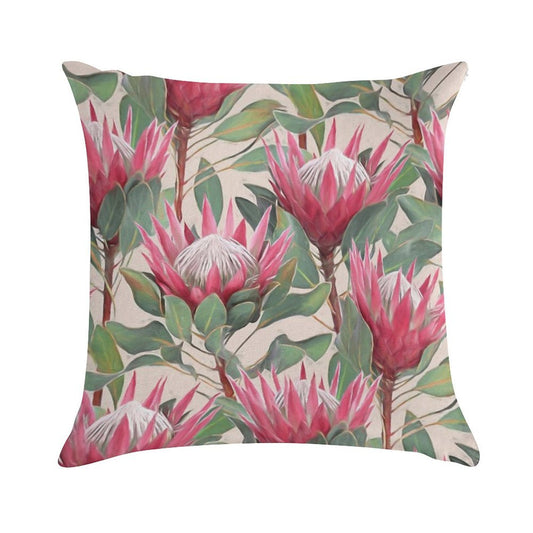 Painted King Proteas on Cream Soft Shrink-Resistant Throw Pillow