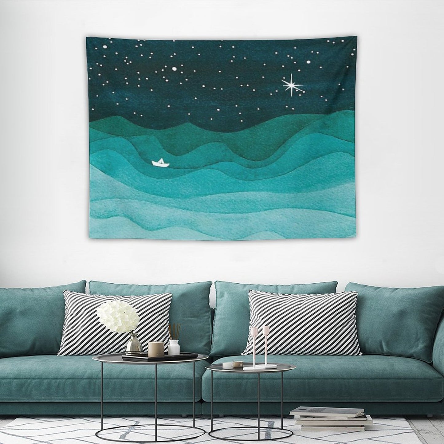 Starry Ocean, Teal Sailboat Watercolor Sea Waves Night Tapestry