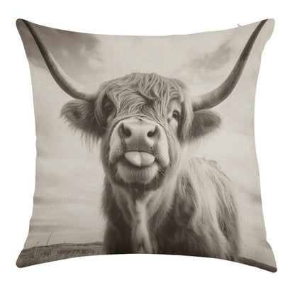 Cheeky Highland Cow Linen Throw Pillow Cover