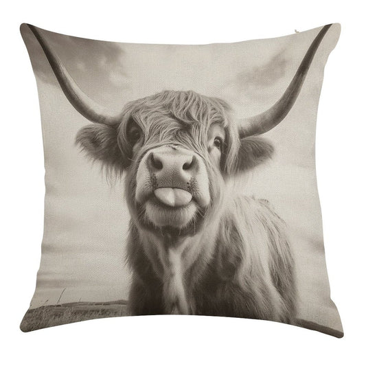Cheeky Highland Cow Linen Throw Pillow Cover