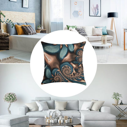 Teal And Chocolate Swirl - Blue Brown Fractal Spirals Linen Throw Pillow Cover