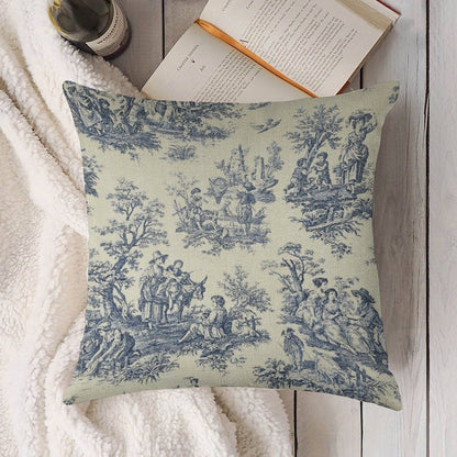 Powder Blue French Toile Picnic Designs Linen Throw Pillow Cover