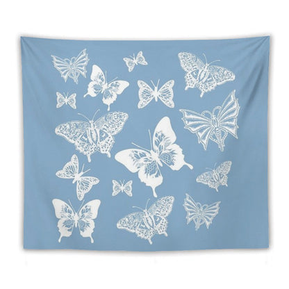 White Butterflies on Smoky Blue Grey Background Tapestry