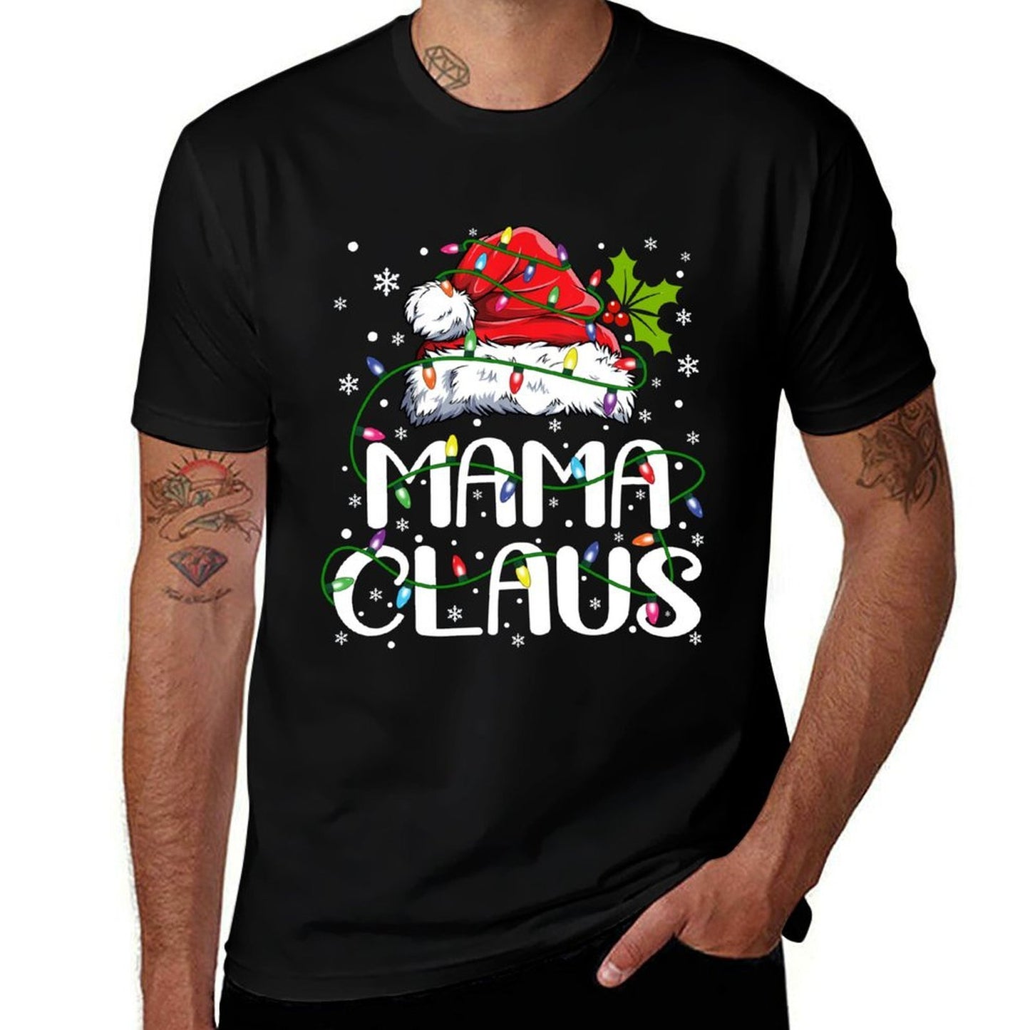 Mama Claus Christmas Lights Pajama Family Matching  Cotton T-Shirt