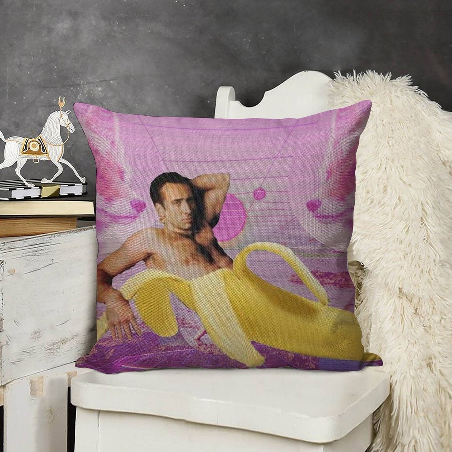 Nicholas Cage Banana Vaporwave Linen Throw Pillow Cover