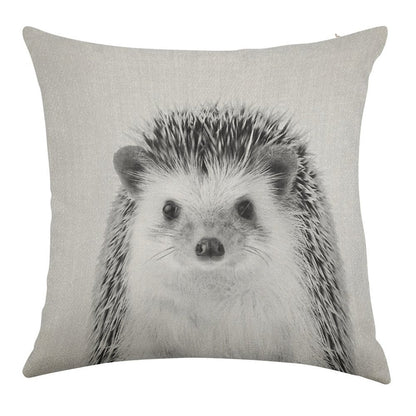 Hedgehog - Black & White Linen Throw Pillow Cover