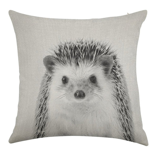 Hedgehog - Black & White Linen Throw Pillow Cover