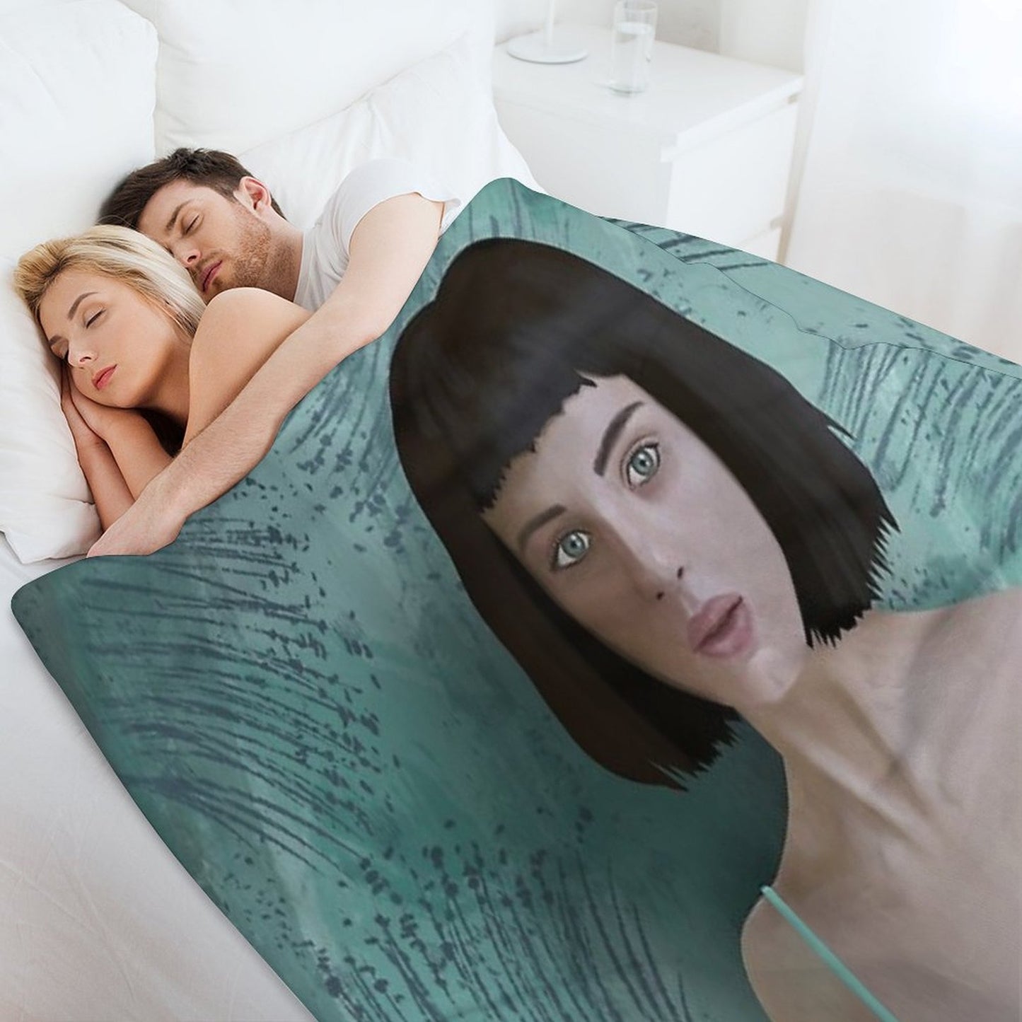 Woman Portrait in Teal Dress – Modern Digital Art Throw Blanket