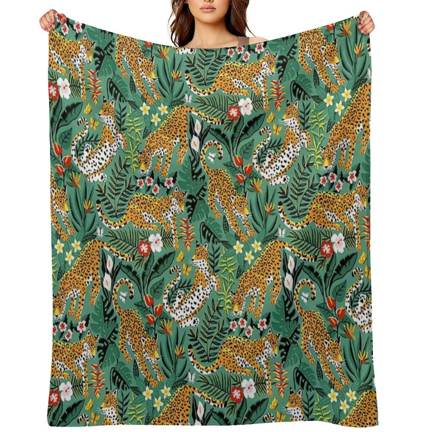 Dancing Jaguar Jungle - Green Throw Blanket