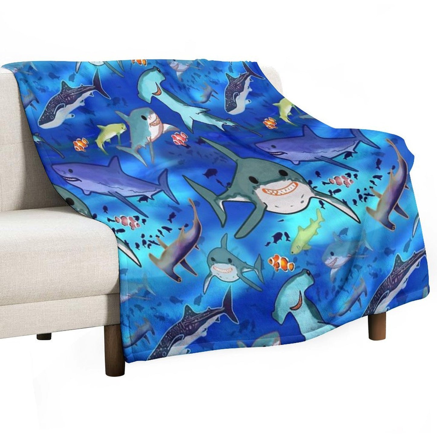 Sharks Clownfish Great White Undersea Fun Playful Kids Pattern Hammerhead Whale Shark Lemon Shark Throw Blanket