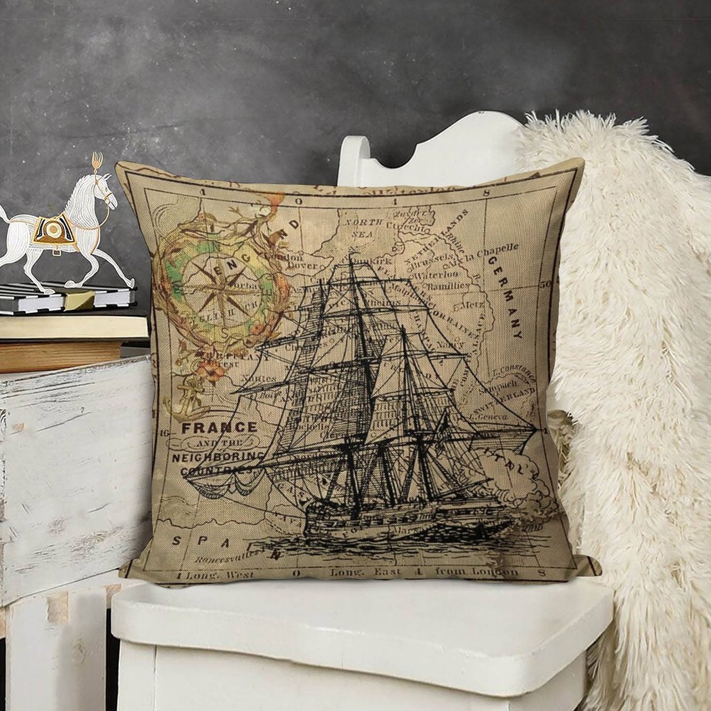 Dark Academia Vintage Pirate Ship Sailor Antique World Map Linen Throw Pillow Cover