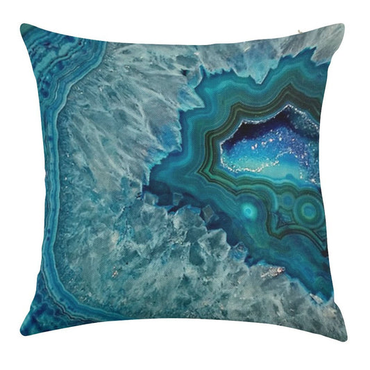 Teal Aqua Turquoise Blue Rock Agate Mineral Crystals Pattern Linen Throw Pillow Cover