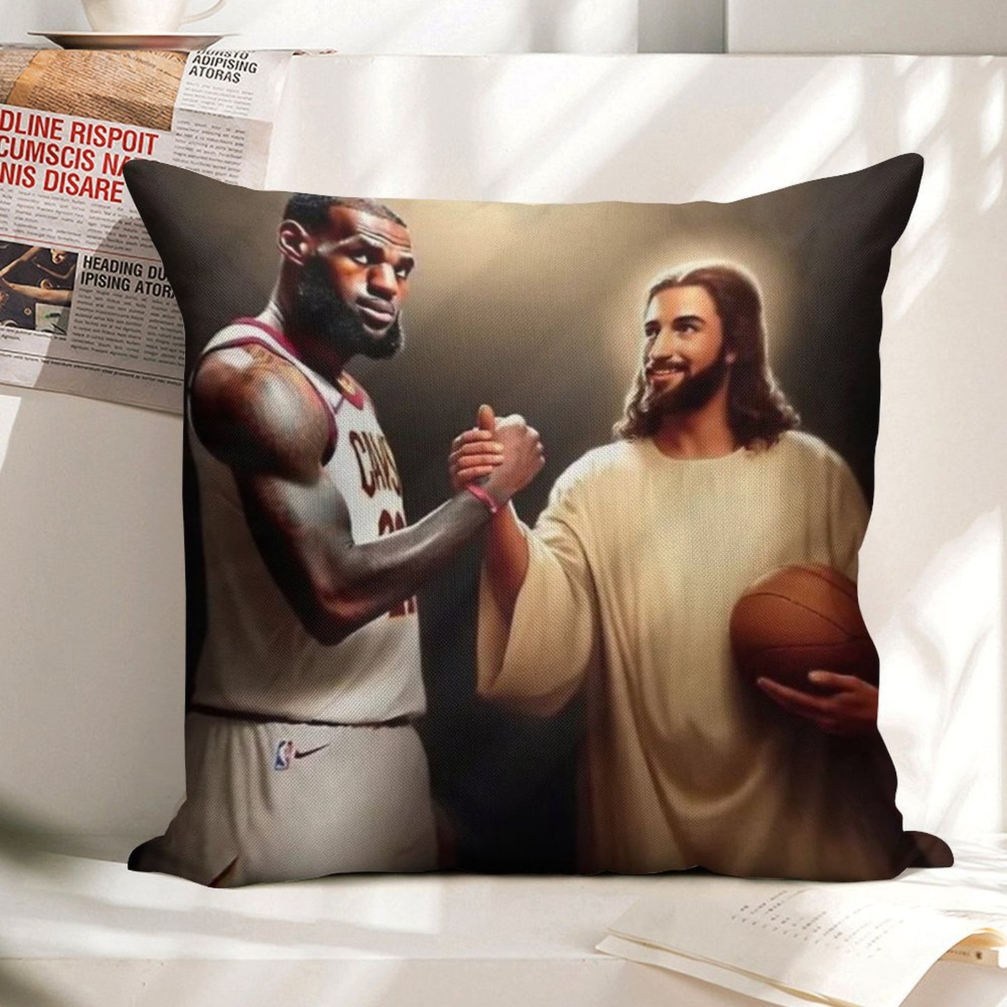 Lebron James + Jesus Linen Throw Pillow Cover