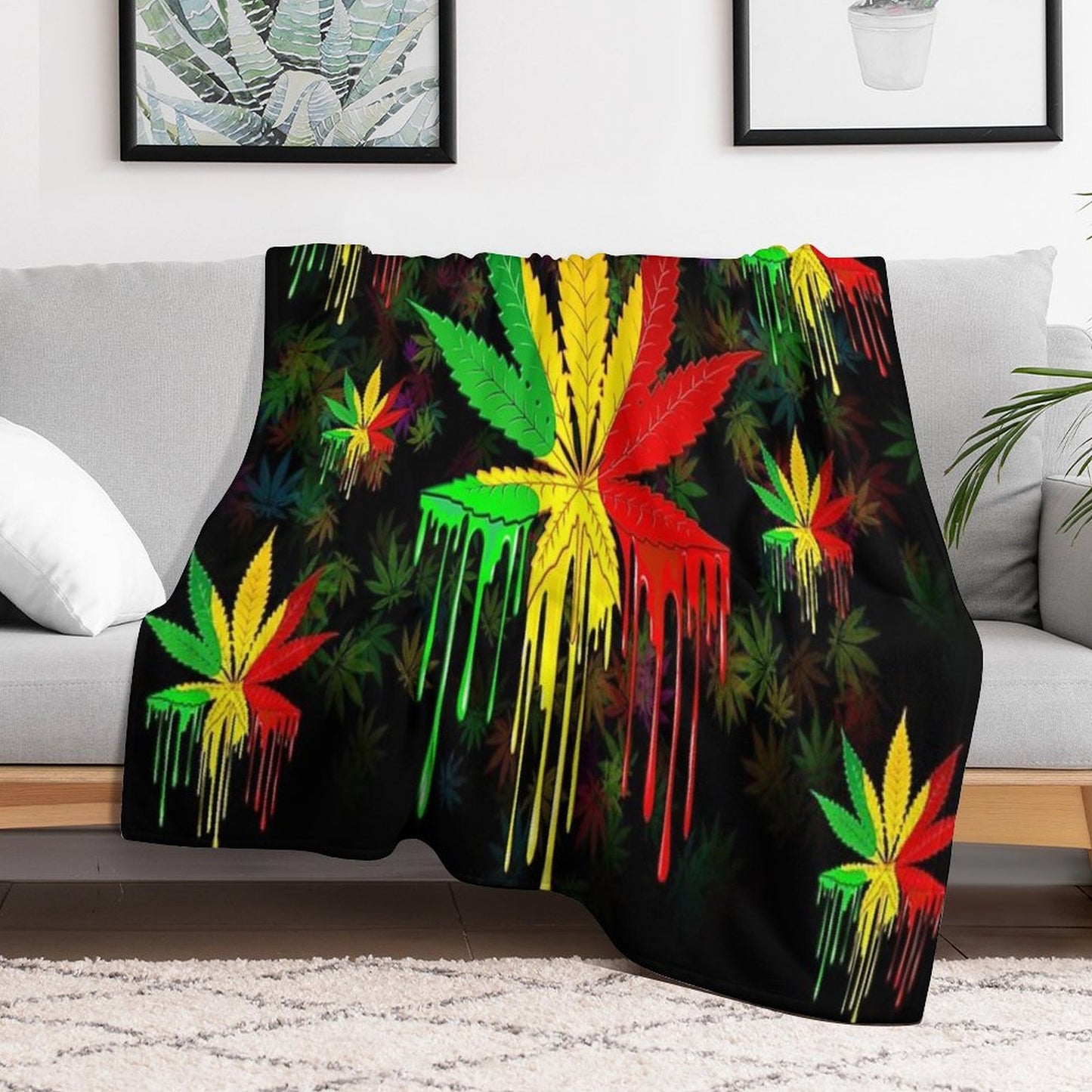 Leaf Rasta Colors Dripping Paint Throw Blanket