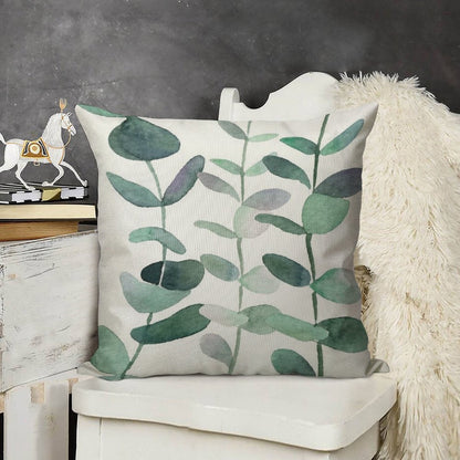 Watercolor, Eucalyptus, Leaves, Botanical, Painting, Green Linen Throw Pillow Cover