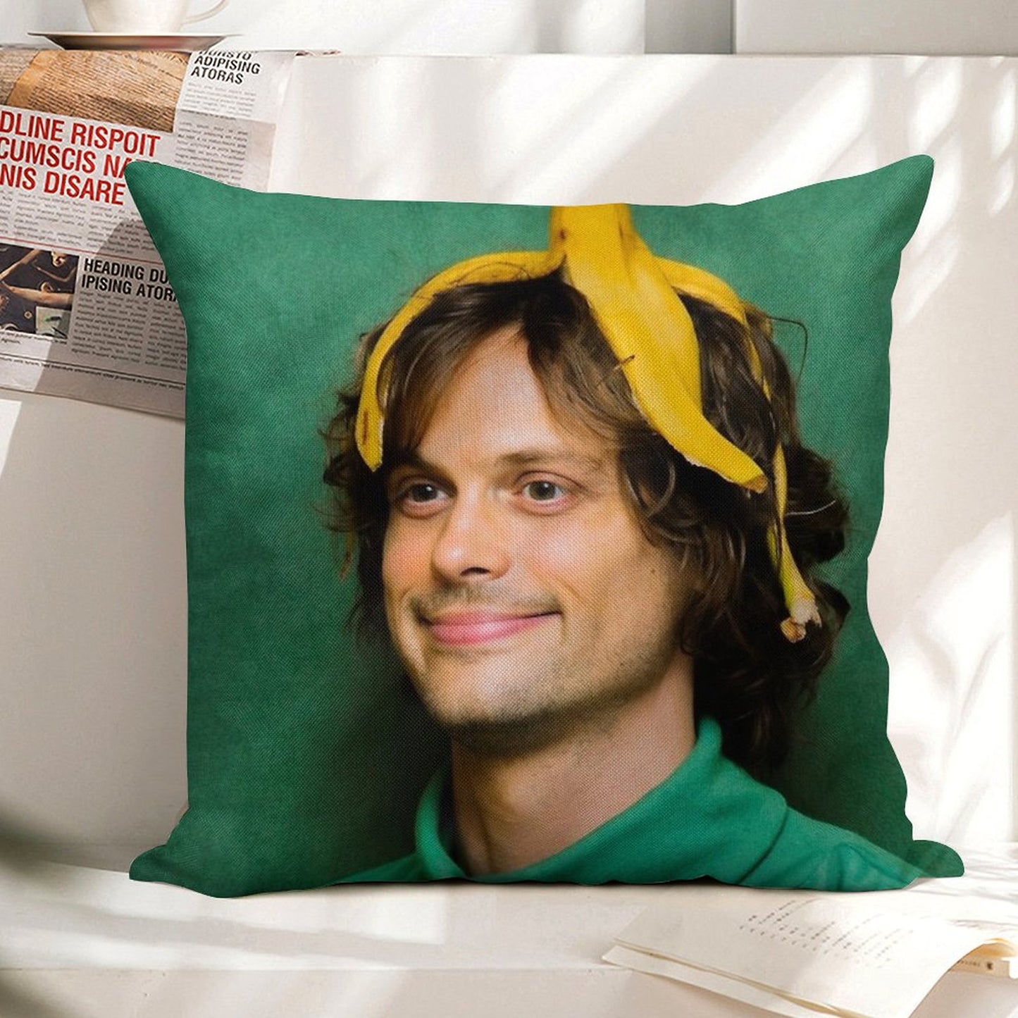 Matthew Gray Gubler with A Banana Linen Throw Pillow Cover