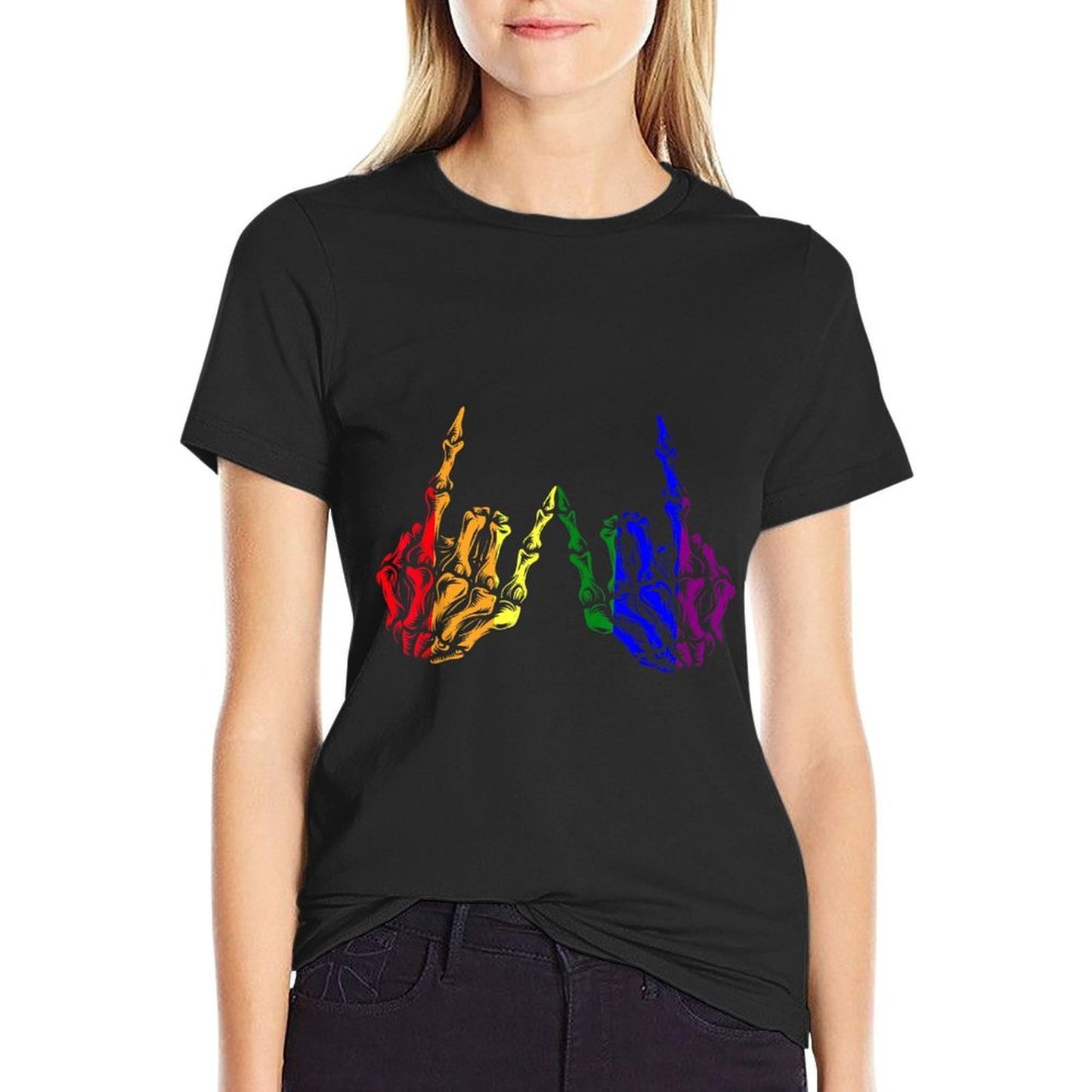 Skeleton Rock Hand LGBT-Q Cool Rainbow Gay Pride Ally  Summer-ready Fabric T-Shirt