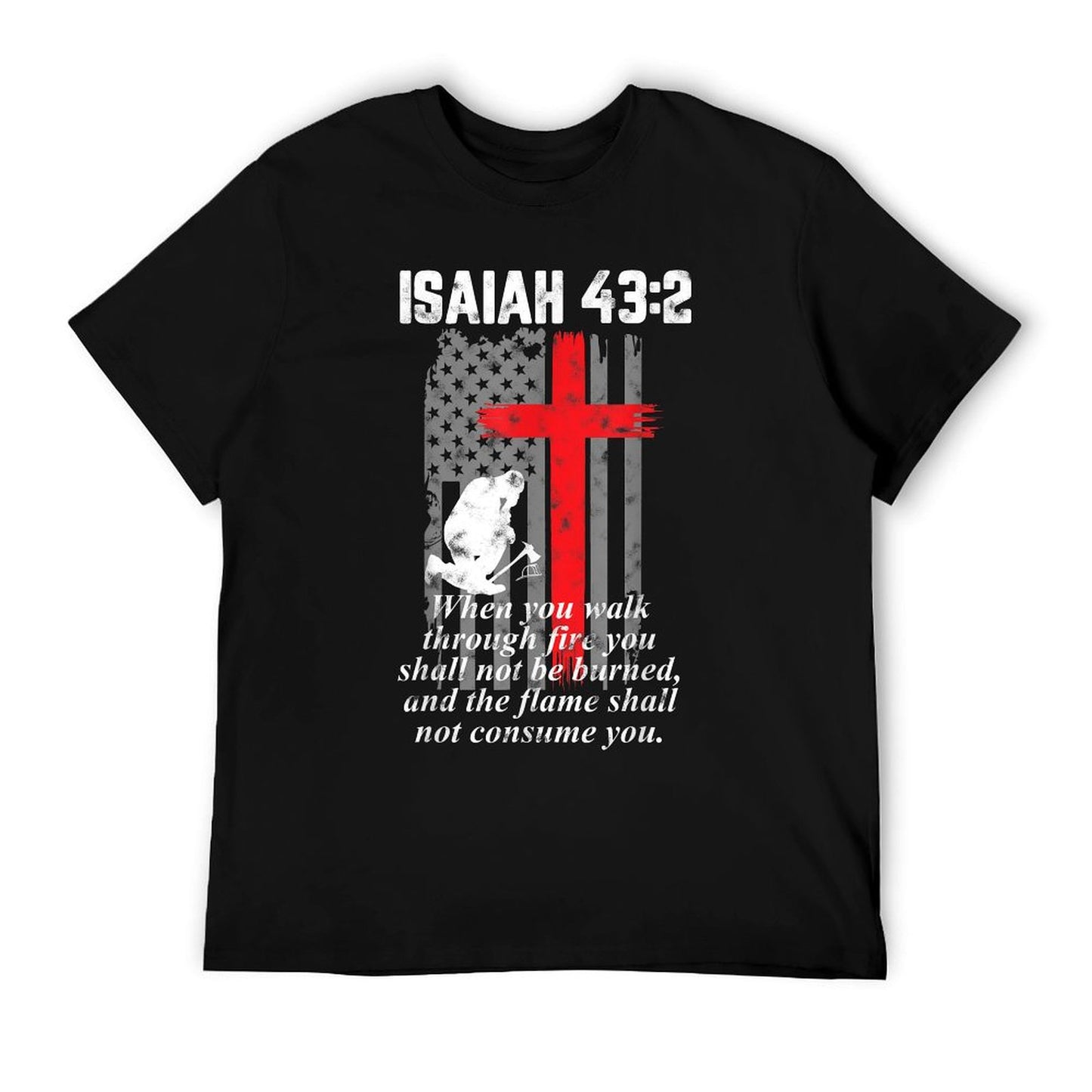 Thin Red Line Firefighter Cross Bible Verse American Flag T-Shirt