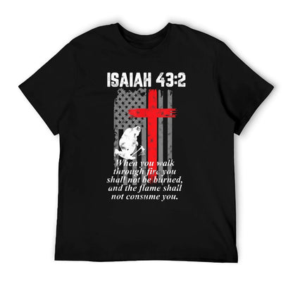 Thin Red Line Firefighter Cross Bible Verse American Flag T-Shirt