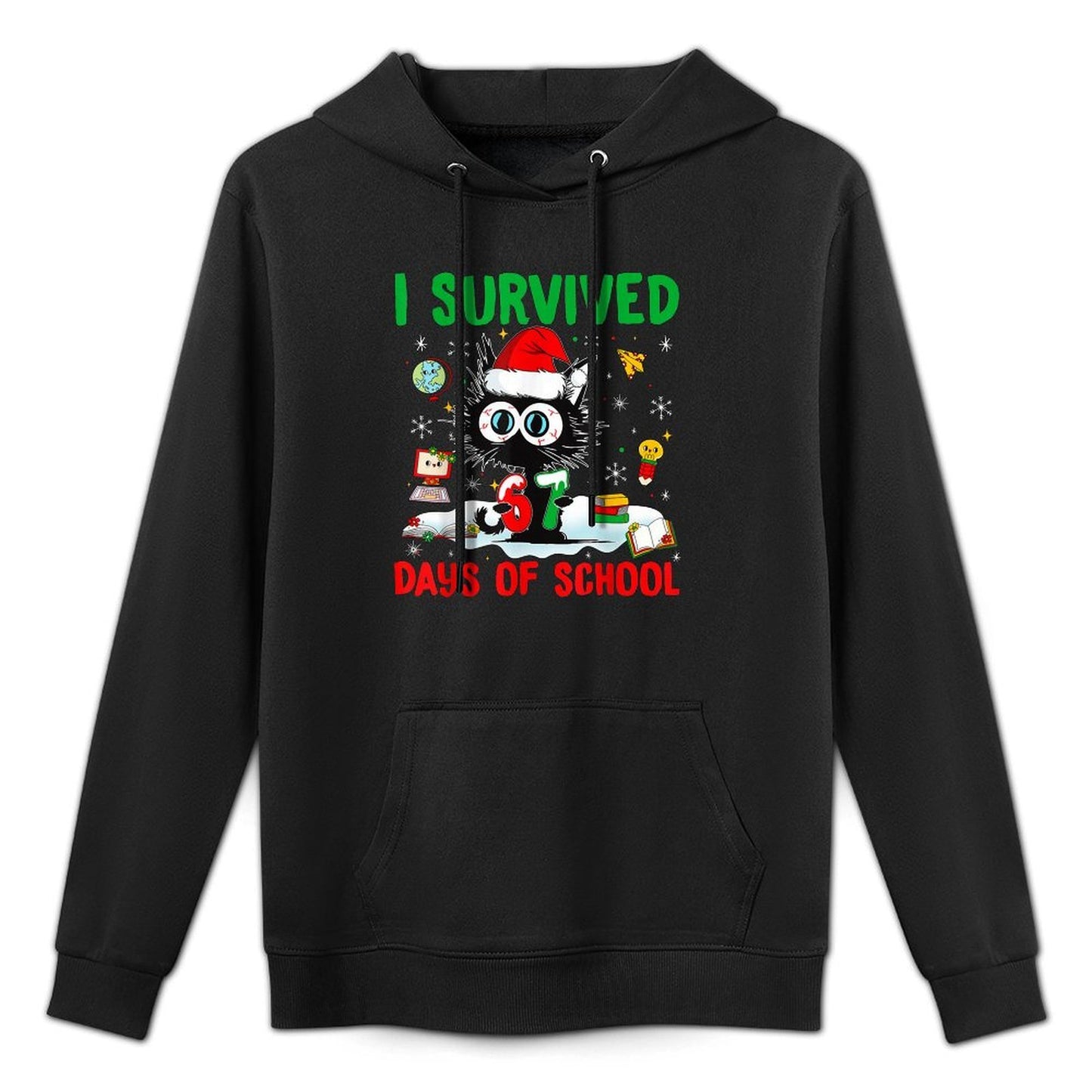 Funny Black Cat Christmas I Survived 67 Days of School All-Day Comfort Hoodie