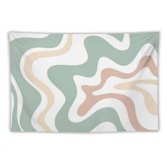 Liquid Swirl Retro Abstract in Light Sage Celadon Green, Light Blush, Cream, And White Tapestry