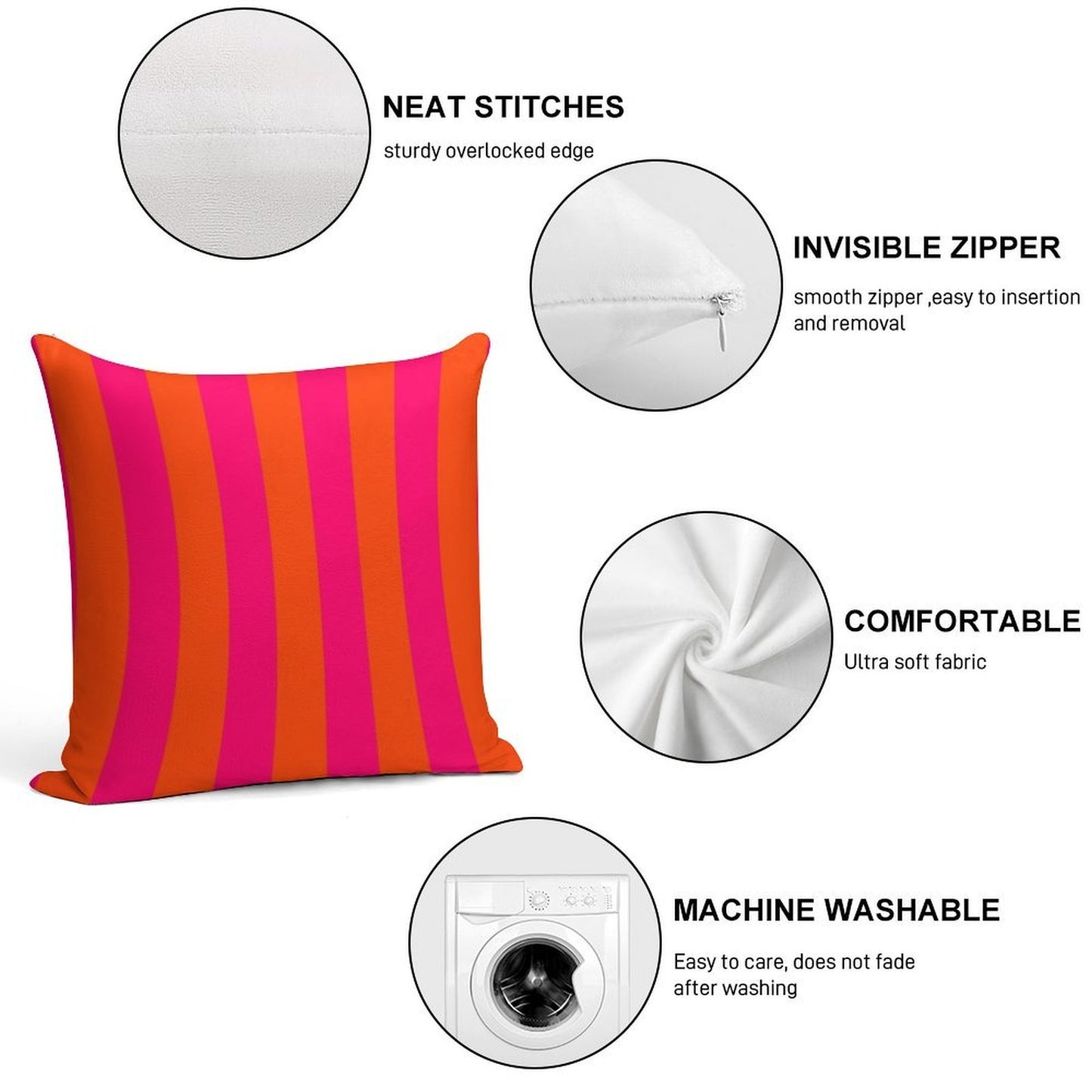 Bright Neon Pink And Orange Vertical Cabana Tent Stripes Soft Easy Maintenance Throw Pillow