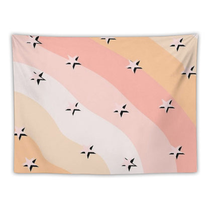 Peach Clouds & Stars Striped Pattern Tapestry