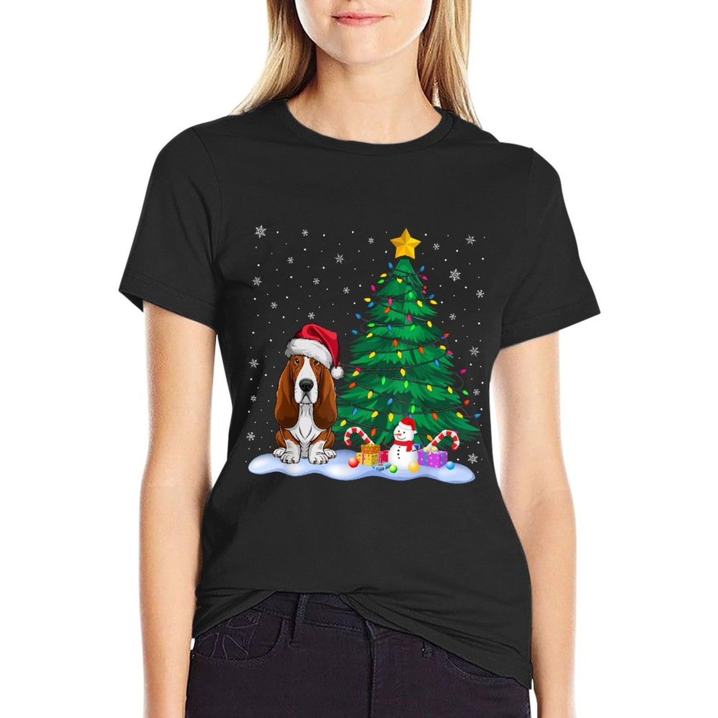 Basset Hound Dog Xmas Tree Lights Reindeer Hat Christmas for Men Women Kids  Trendy Pattern T-Shirt
