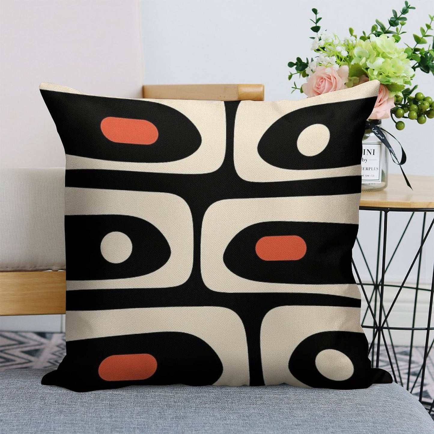 Mid Century Modern Piquet Abstract Pattern Black, Orange, And Almond Cream Linen Throw Pillow Cover