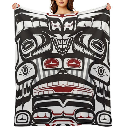 Thunderbird Bear Orca Totem Pole, Coastal Salish Haida Pacific North West Formline Design Native American Throw Blanket