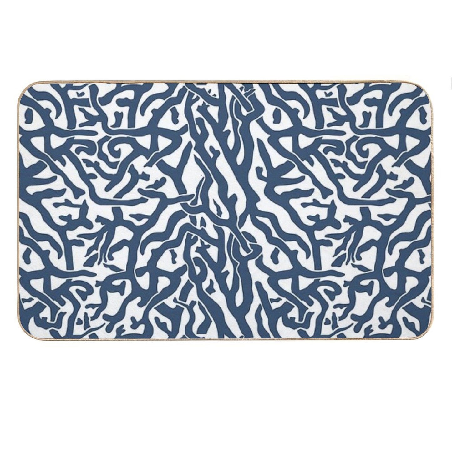 Coral Reef Pattern  Navy Blue White Coastal Beach House Bath Mat