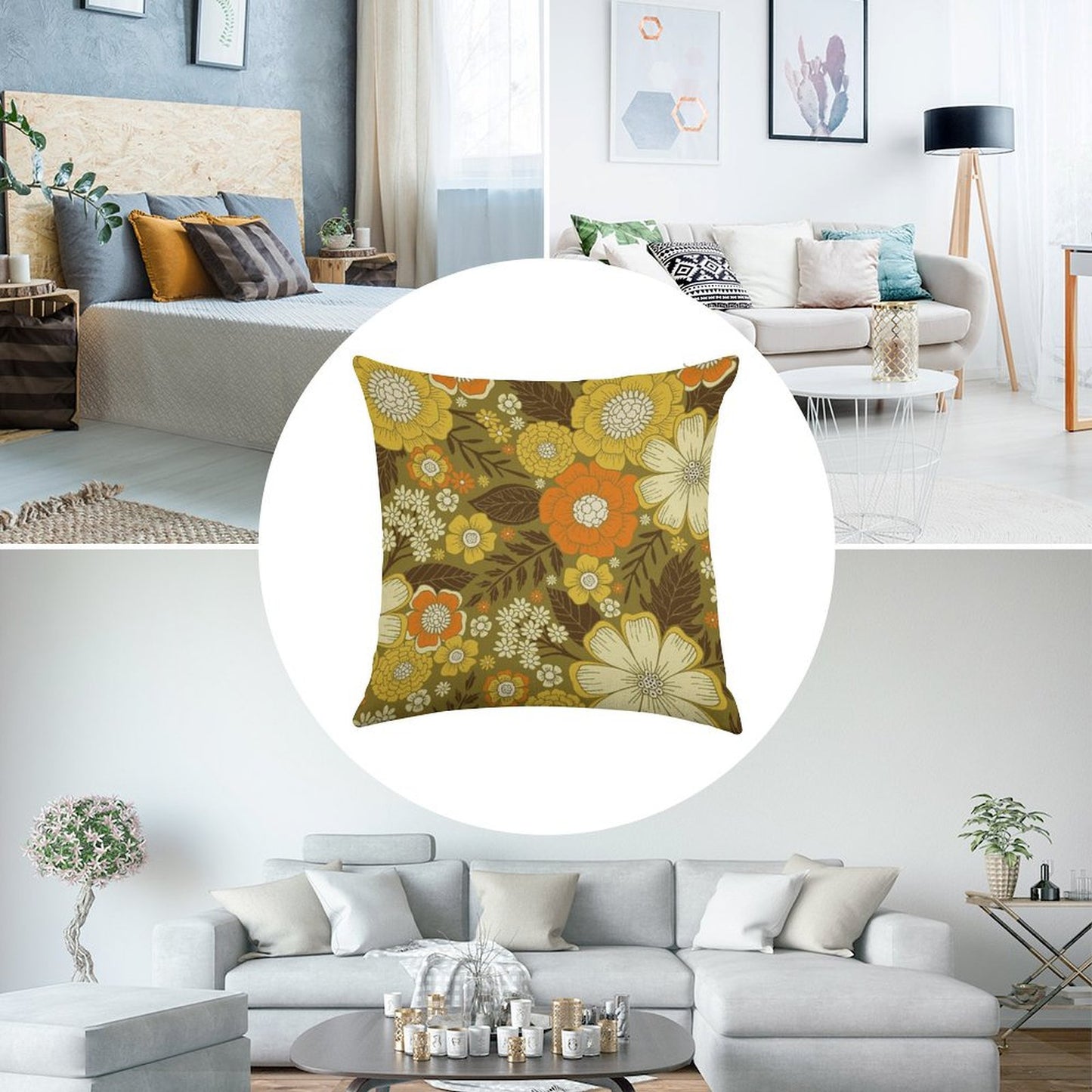 1970s RetroVintage Floral Pattern Linen Throw Pillow Cover
