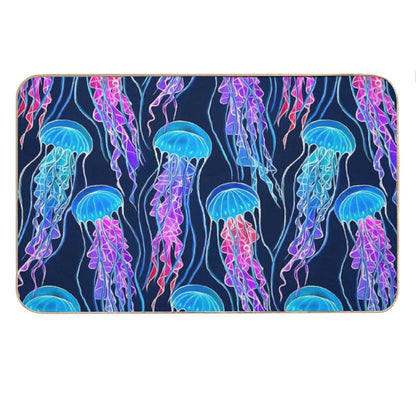 Luminescent Rainbow Jellyfish on Navy Blue Bath Mat