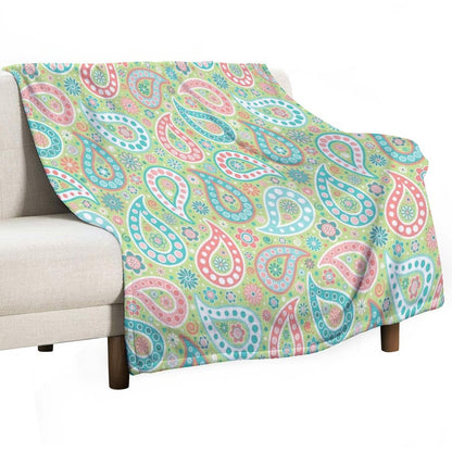 Paisley in Green, Turquoise Blue, Coral Pink And White Throw Blanket